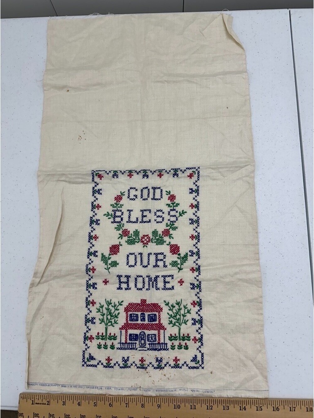 Vintage CrossStitch Completed God Bless Our Home Tea Towel Paragon 0259